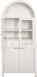 71" Tall Arched Cabinet, Modern Farmhouse Kitchen Storage Cabinet with Adjustable Shelves, Display Storage Hutch with Hidden Drawer & Glass Door for Kitchen, Living Room, Dining Room, White