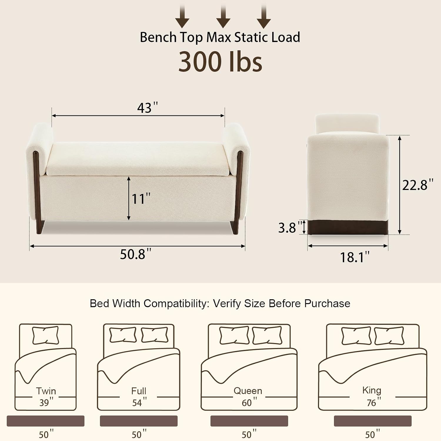 50.8 inch Storage Ottoman Bench with Armrests, Hidden Storage, Beige | End of Bed Bench, Bedroom Storage Bench , Chenille Upholstery, Solid Wood Legs, Entryway Bench, Living Room, Bedroom, Hallway
