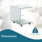 Tangkula Tempered Glass Side Table, Modern C-Shaped Bedside Table Nightstand with Storage Shelf, 4 Lockable Universal Wheels, Rolling Sofa End Table for Living Room Bedroom Office (1, Transparent)