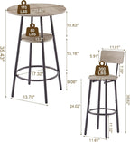 3-Piece Dining Table Set for 2, Small Round Kitchen Table with 2 Chairs, Counter Height Bar Table with Storage, Pub Table and PU Upholstery Stools for Small Space, Apartment, Bistro-Grey