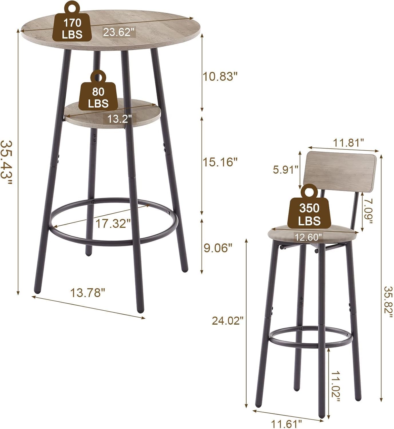 3-Piece Dining Table Set for 2, Small Round Kitchen Table with 2 Chairs, Counter Height Bar Table with Storage, Pub Table and PU Upholstery Stools for Small Space, Apartment, Bistro-Grey