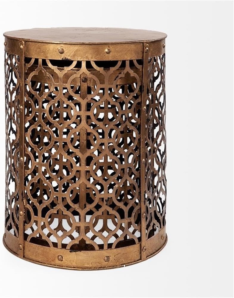Pemberly Row Gold Cylindrical Metal Accent Tables, Set of 2, 16x15 in, Antique Finish, Moroccan-Inspired Lattice Design, Nesting Versatile Living Room or Home Décor Tables