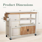 MFSTUDIO Rolling Kitchen Island on Wheels, 43" Mobile Kitchen Cart on Wheels with Open Shelves, Rubberwood Tabletop, Drawers, Portable Kitchen Storage Trolley for Dining Room, Ivory White
