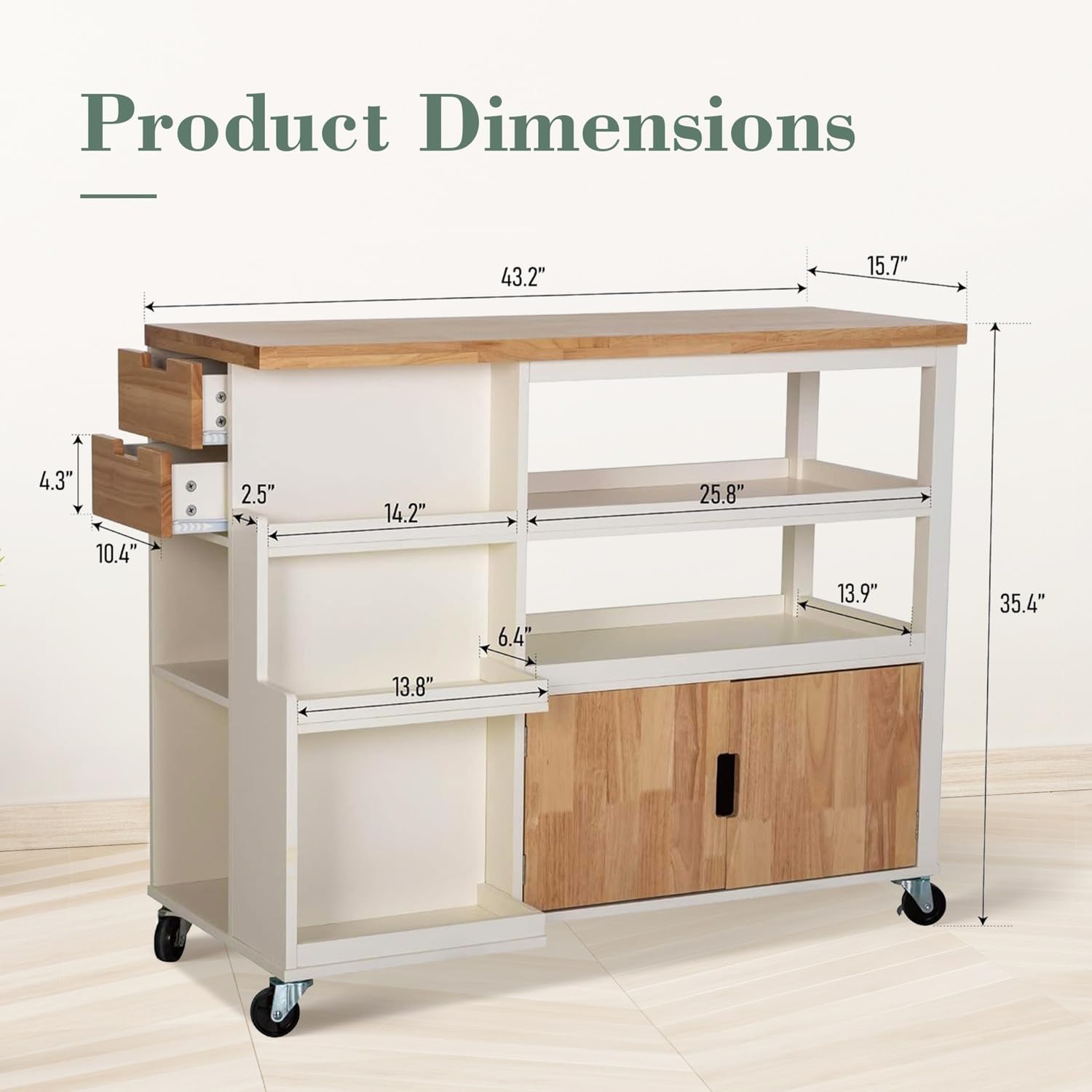 MFSTUDIO Rolling Kitchen Island on Wheels, 43" Mobile Kitchen Cart on Wheels with Open Shelves, Rubberwood Tabletop, Drawers, Portable Kitchen Storage Trolley for Dining Room, Ivory White