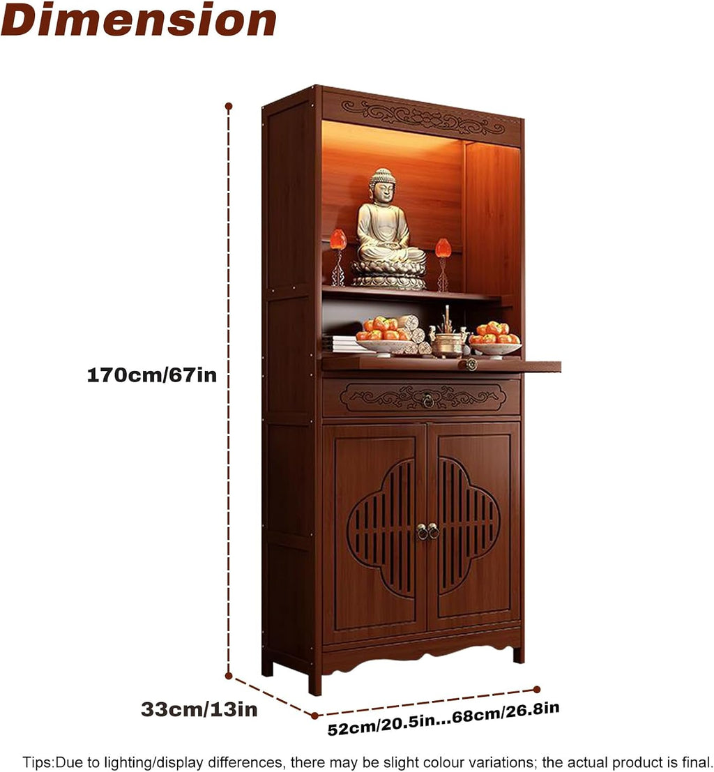 Meditation Altar Table with Storage, Bamboo Buddhist Altar, Shrine Altar Cabinet with Drawers for Worship & Prayer, Suit for Home, Business, Temple (C, 14.9inch)
