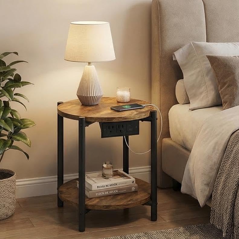 LIKIMIO Round End Table with Charging Station, 15.8" Side Table for Small Spaces, 2-Tier Industrial Nightstand with 77 lbs Load Capacity, Rustic Brown