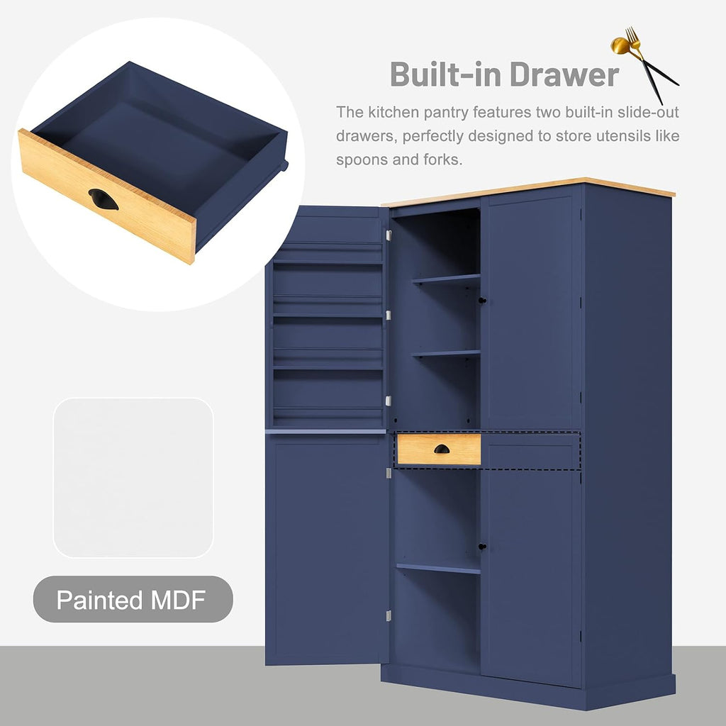 Freestanding Kitchen Pantry Large Cupboard Storage Cabinet with 2 Drawers, 2 Adjustable Shelves, 8 Door Shelves for Kitchen, Dining Room Blue