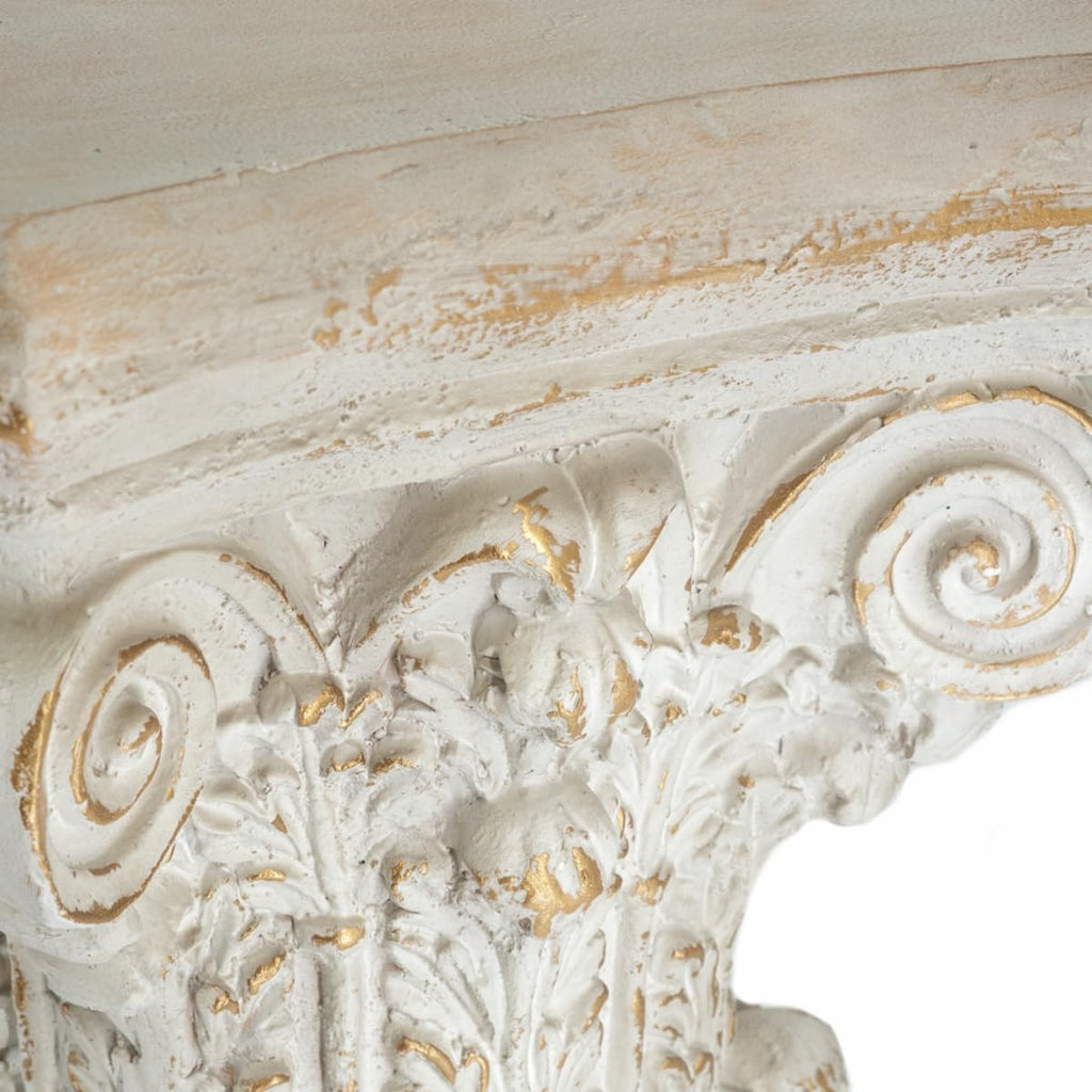 Small Side Table for Living Room, Farmhouse Rustic French Country MGO Pedestal Stand Ornate with Scrollwork Design and Gold Accents, Square Distressed Display Stand White 16x16x24.5