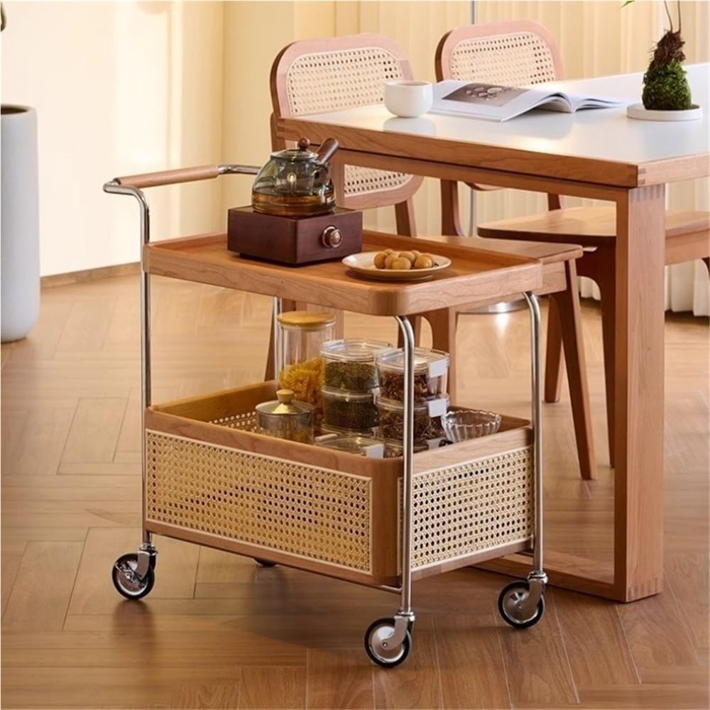 Wood Mobile Side Table with Wheels 2-Layer Storage Rolling Coffee Table End Table for Living Room Boudoir Small Spaces All Occasion(Brown)