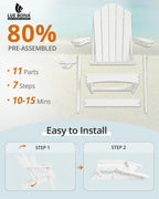 LUE BONA Folding Adirondack Chair, Chairs Set of 4, Cup Holder, Woodgrain, Fire Pit, Patio, Pool, White