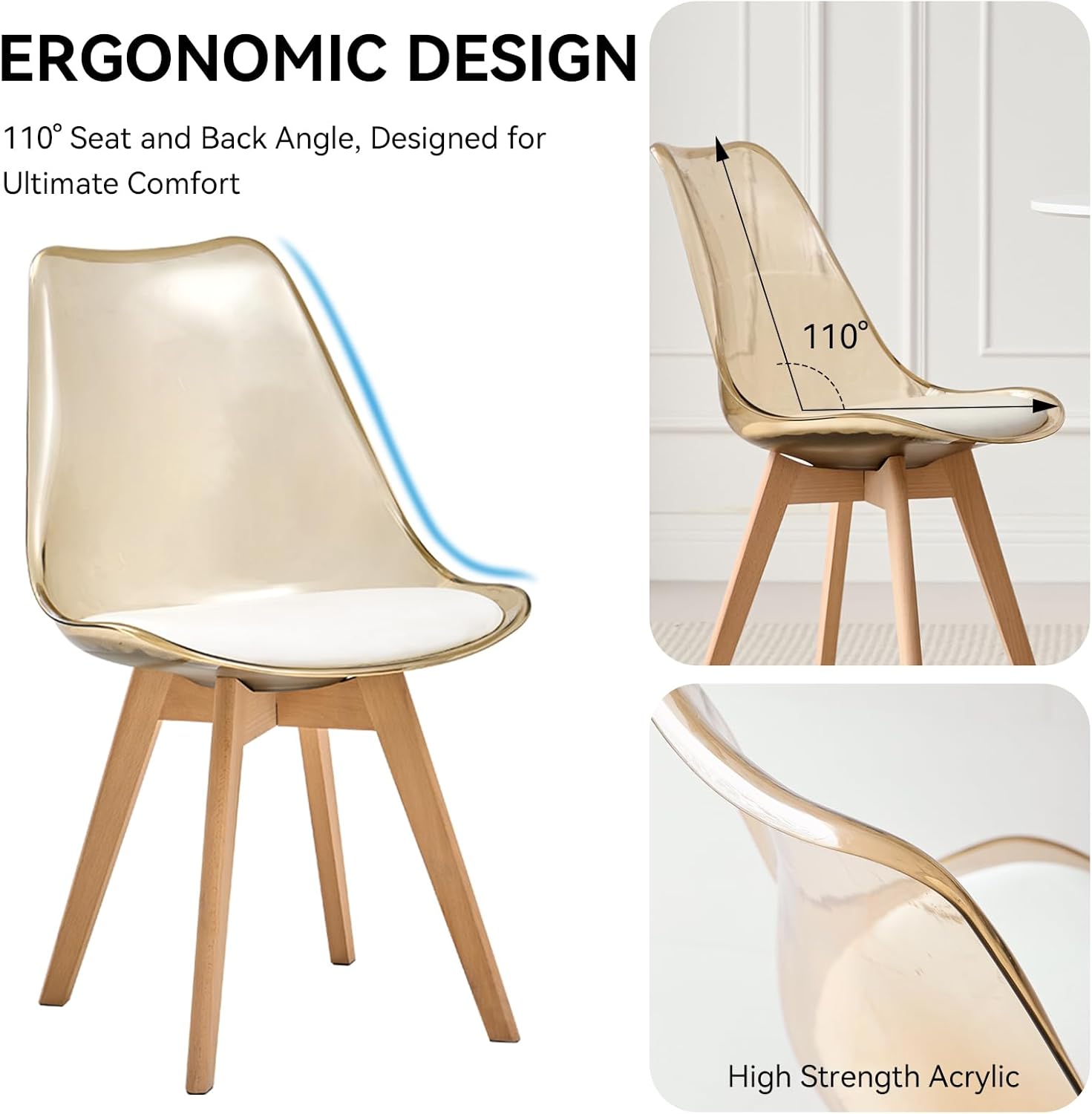 Dining Chairs Set of 4, Clear Acrylic Mid Century Modern Kitchen Chairs with Soft Padded and Wood Legs for Dinner Living Waiting Room Bedroom, Light Brown