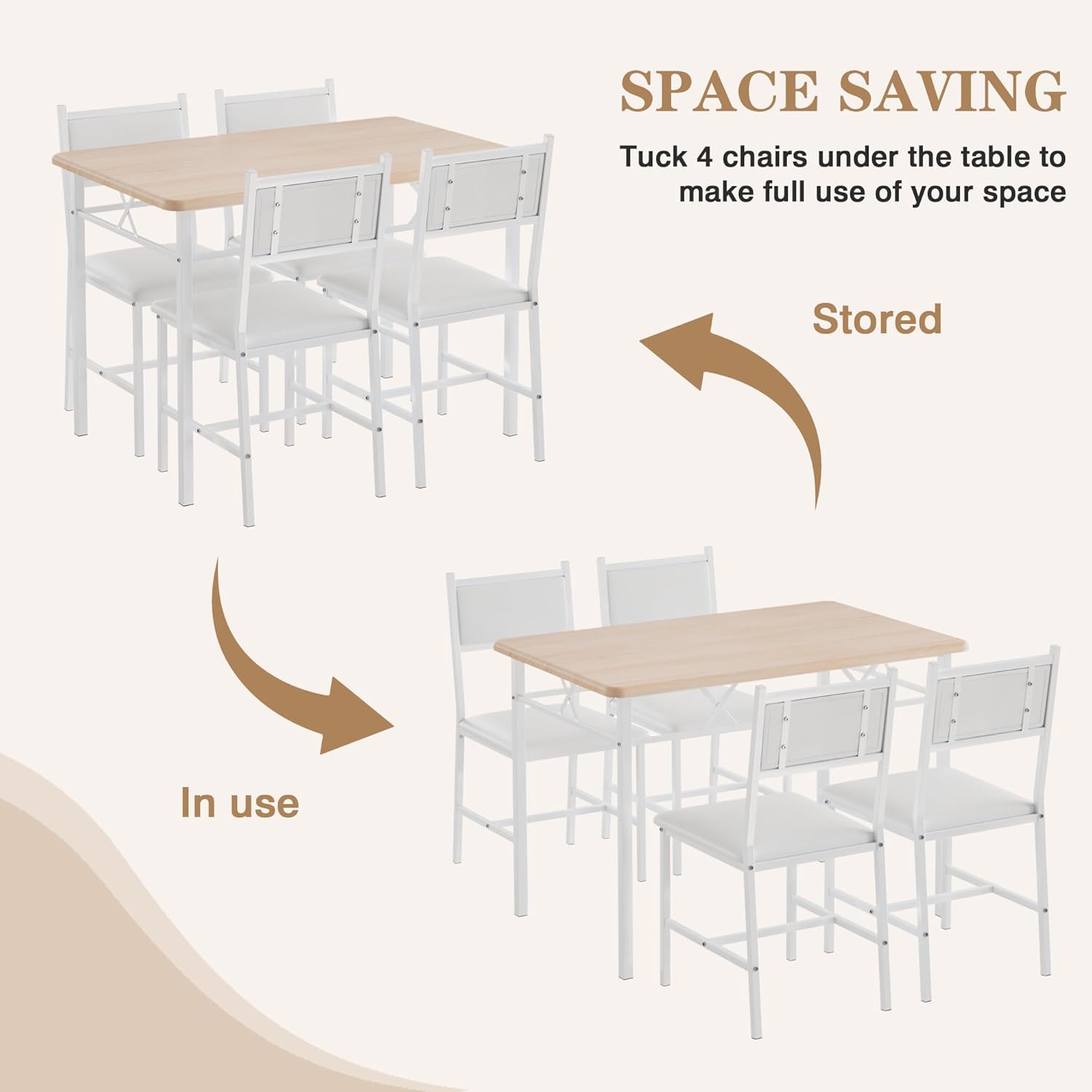 VECELO Dining Table Set for 4 with Chairs, 5-Piece Kitchen Table and Upholstered Padded Chairs Set for Small Space, Dining Room, Apartment, Natural White