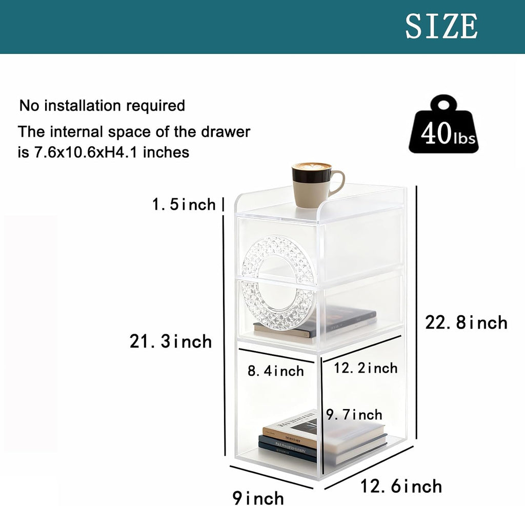 Frosted Acrylic Nightstand with 2 Drawers - Modern Slim Bedside Table for Small Spaces, 9" W x 12.6" D x 22.8" H