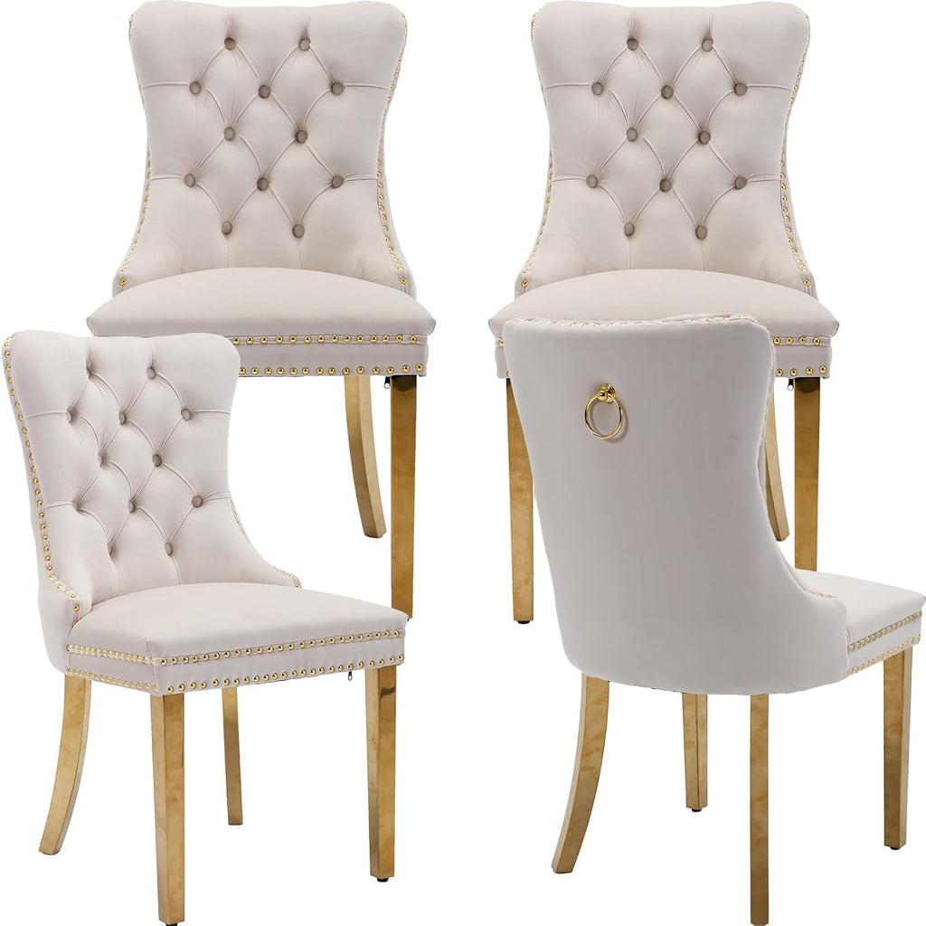 Velvet Dining Chairs Set of 4, Mid Century Tufted Dining Room Chairs with Nailhead Back Ring, Metal Legs, Modern Style for Kitchen, sillas de comedor (Beige, Golden Legs, 4 Pcs)