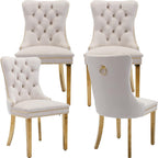 Velvet Dining Chairs Set of 4, Mid Century Tufted Dining Room Chairs with Nailhead Back Ring, Metal Legs, Modern Style for Kitchen, sillas de comedor (Beige, Golden Legs, 4 Pcs)