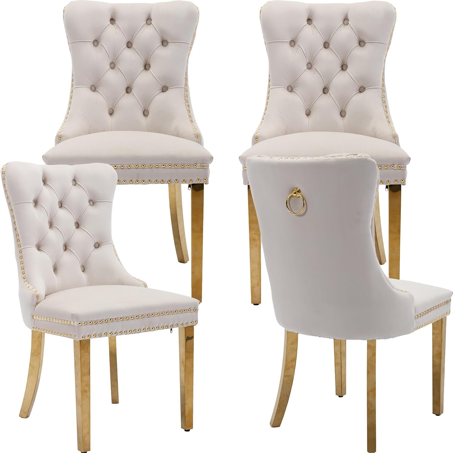Velvet Dining Chairs Set of 4, Mid Century Tufted Dining Room Chairs with Nailhead Back Ring, Metal Legs, Modern Style for Kitchen, sillas de comedor (Beige, Golden Legs, 4 Pcs)