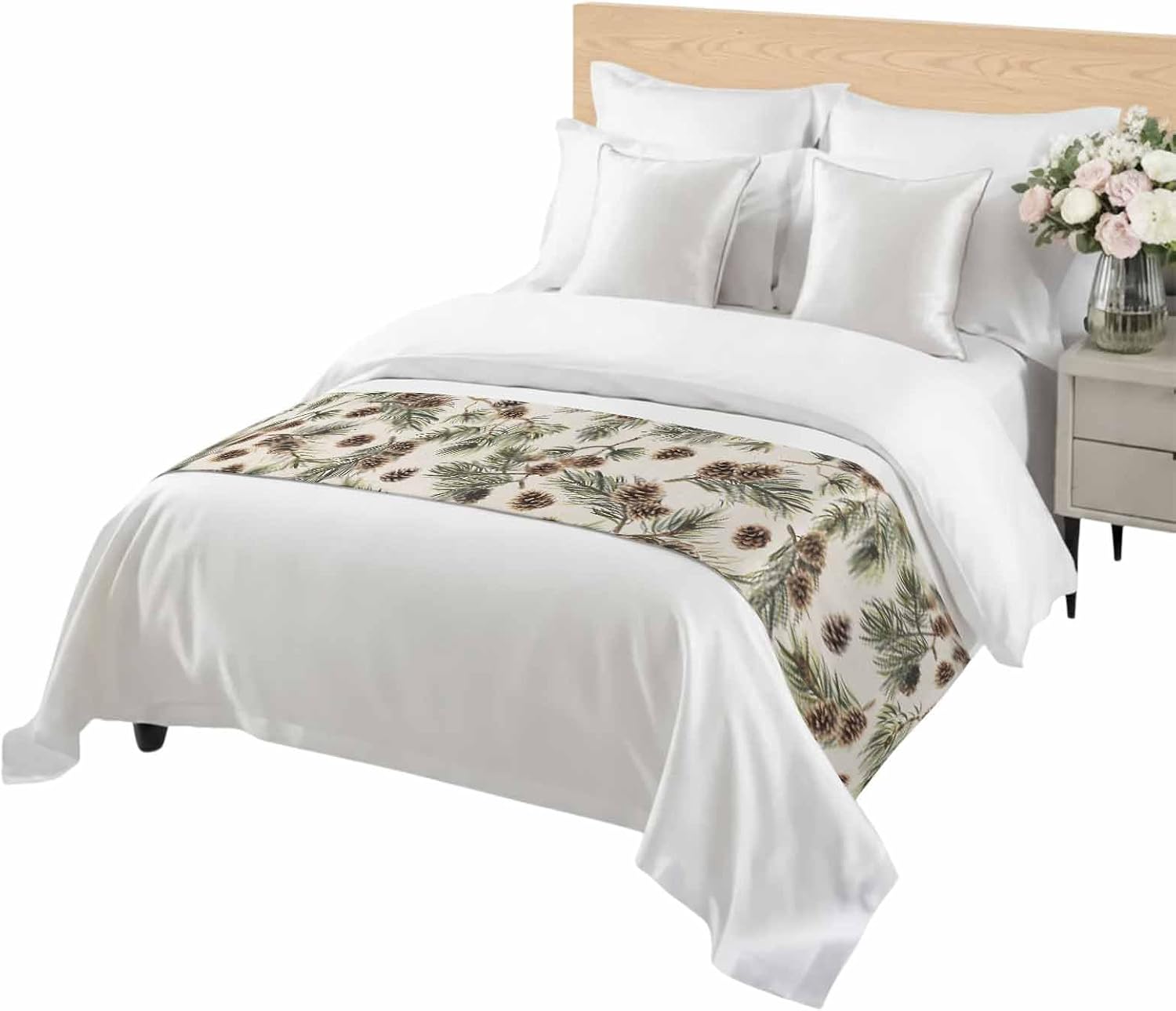 Yukro Brown Pine Cones Bed Runner Scarf, Green Leaves Branch Vintage Linen Twin Bed Scarf Runner, No Fading Decorative Bedding Scarf for Bedroom Hotels Homes and Guestrooms