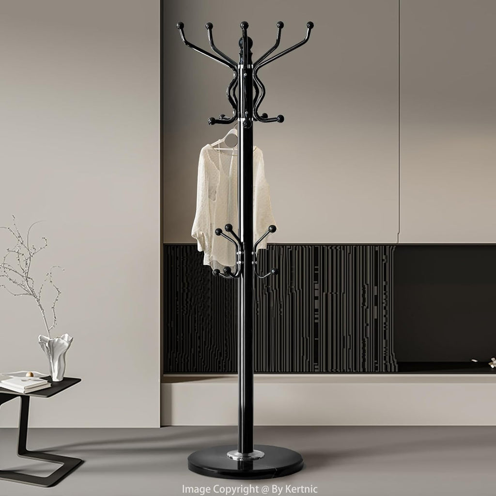 Kertnic Freestanding Coat Rack with 18 Hooks & Marble Base - Heavy Duty Metal Hall Tree Stand for Entryway, Hats, Coats, Bags Rack- Modern Hanger Organizer for Home, Office, Dorm (18 hooks -Black)