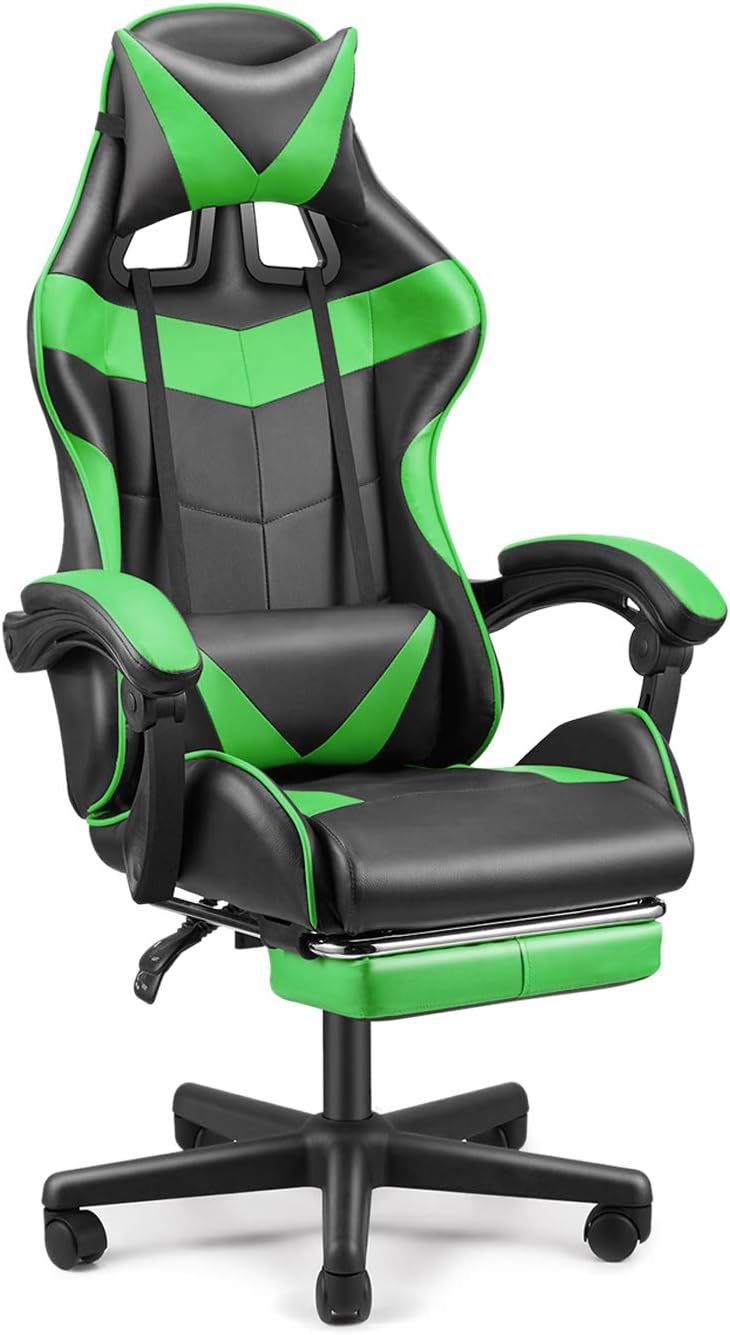 Huracan Gaming Computer Chair with Footrest, Adjustable Video Game Chairs for Adults, Heavy Duty Office Chair with Headrest and Lumbar Support, Green