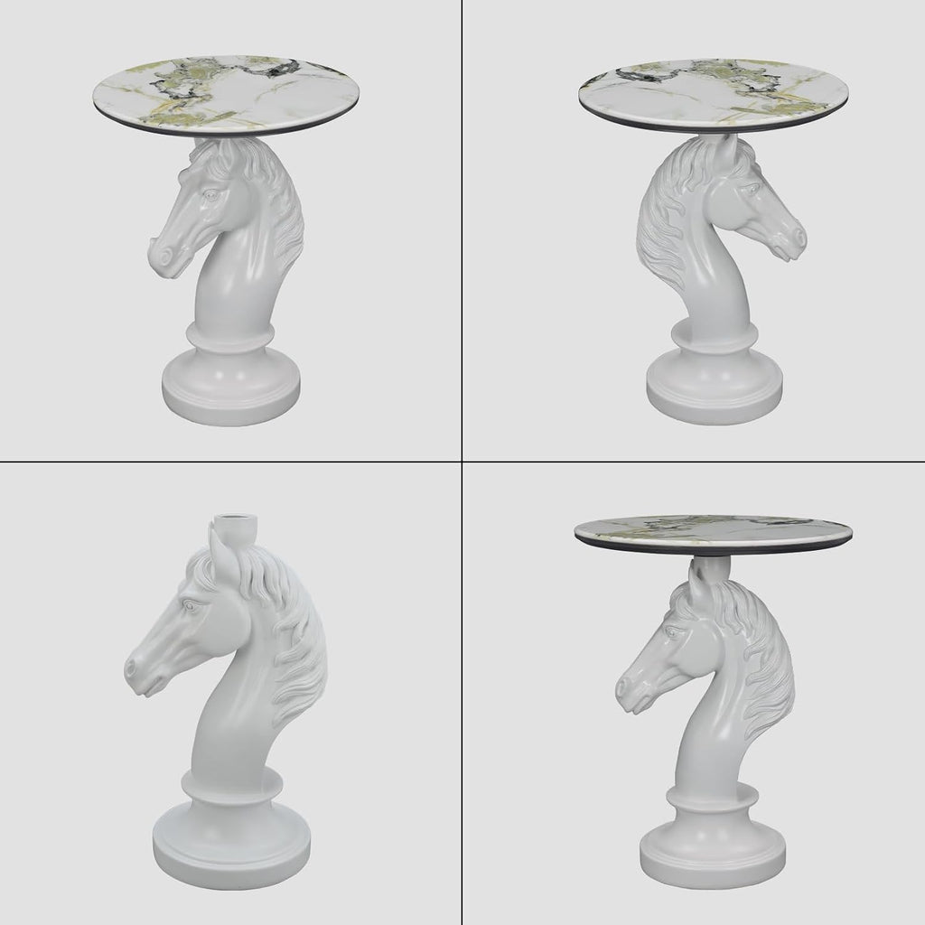 Horse Head Accent Table, Animal Statue End Table for Living Room, Decorative White Sculpture Side Table with Smooth Ceramic Finish, Compact Nightstand for Bedroom or Sofa Corner