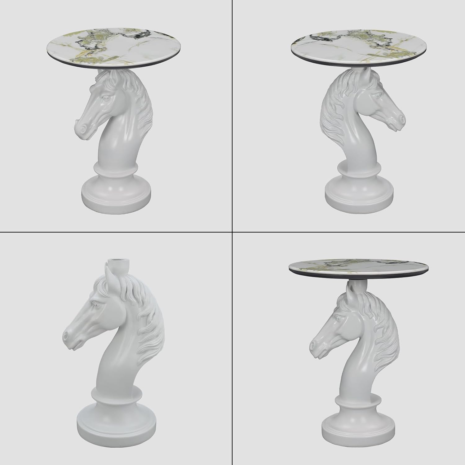 Horse Head Accent Table, Animal Statue End Table for Living Room, Decorative White Sculpture Side Table with Smooth Ceramic Finish, Compact Nightstand for Bedroom or Sofa Corner