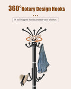 Snaikor Metal Coat Rack Stand with Natural Marble Base, Modern Coat Rack Freestanding, 360°Rotary Coat Racks with 14 Hooks, Black Coat Stand Hall Tree Hanger Stand for Entryway, Office，Corner