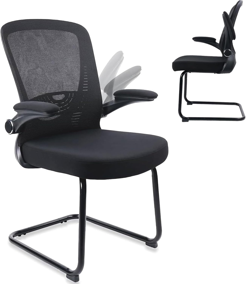 CLATINA Office Chair No Wheels, Stationary Sled Base Reception Guest Chair with Flip Up Arms and Lumbar Support Desk Chair for Home Waiting Room Conference Lobby Kids Student Elderly(1PACK)