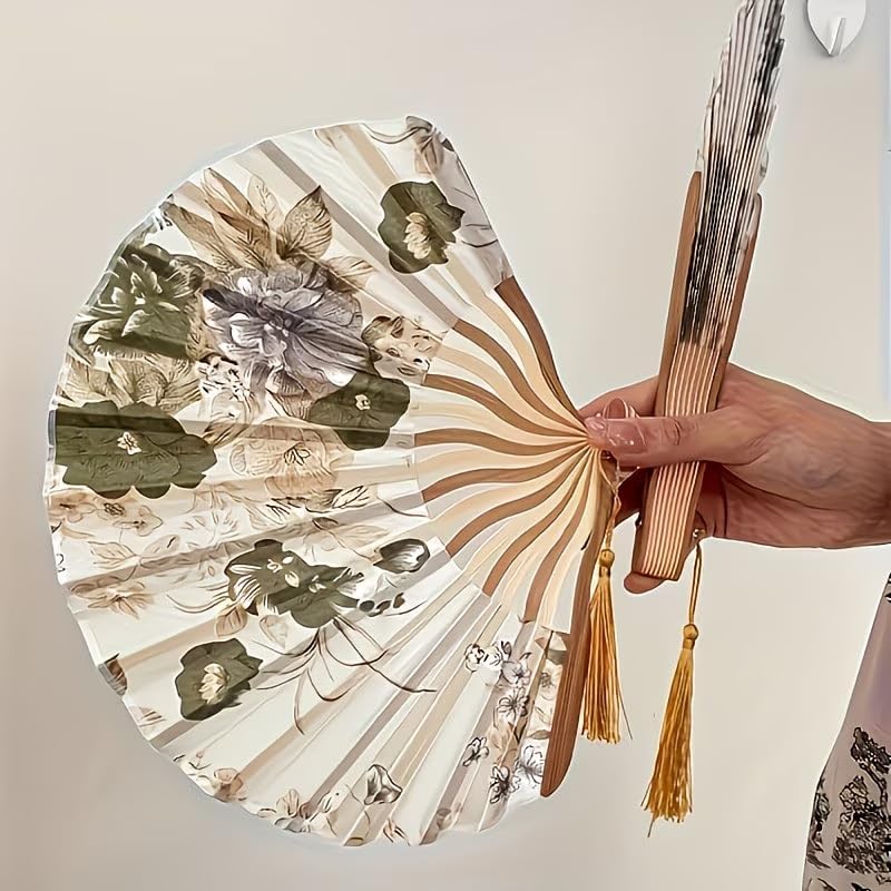 2Pcs Women's Vintage Floral Folding Fan, 11.02in Long, 9.05in Diameter, Handcrafted Chinese Style Fan With Tassel, Portable Decorative Fan,（Beige）