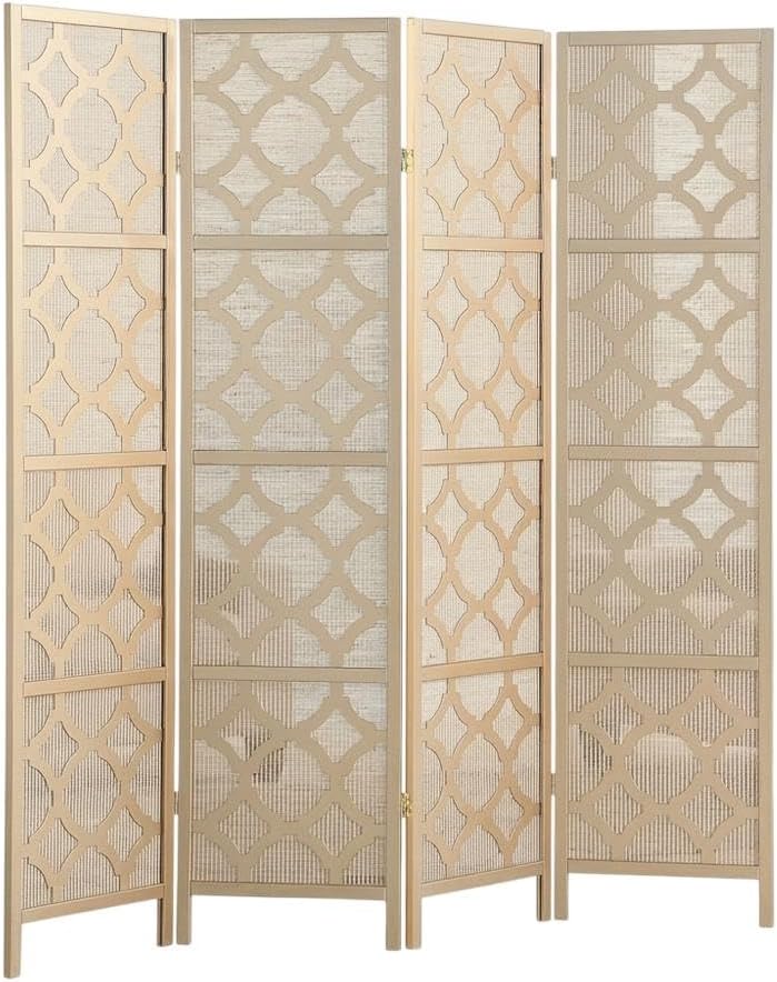 FurniFact Gold 4-Panel Wood Room Divider, Folding Screen, Fabric Panels, Diamond Design, Transitional Style, 70 Inch, Freestanding