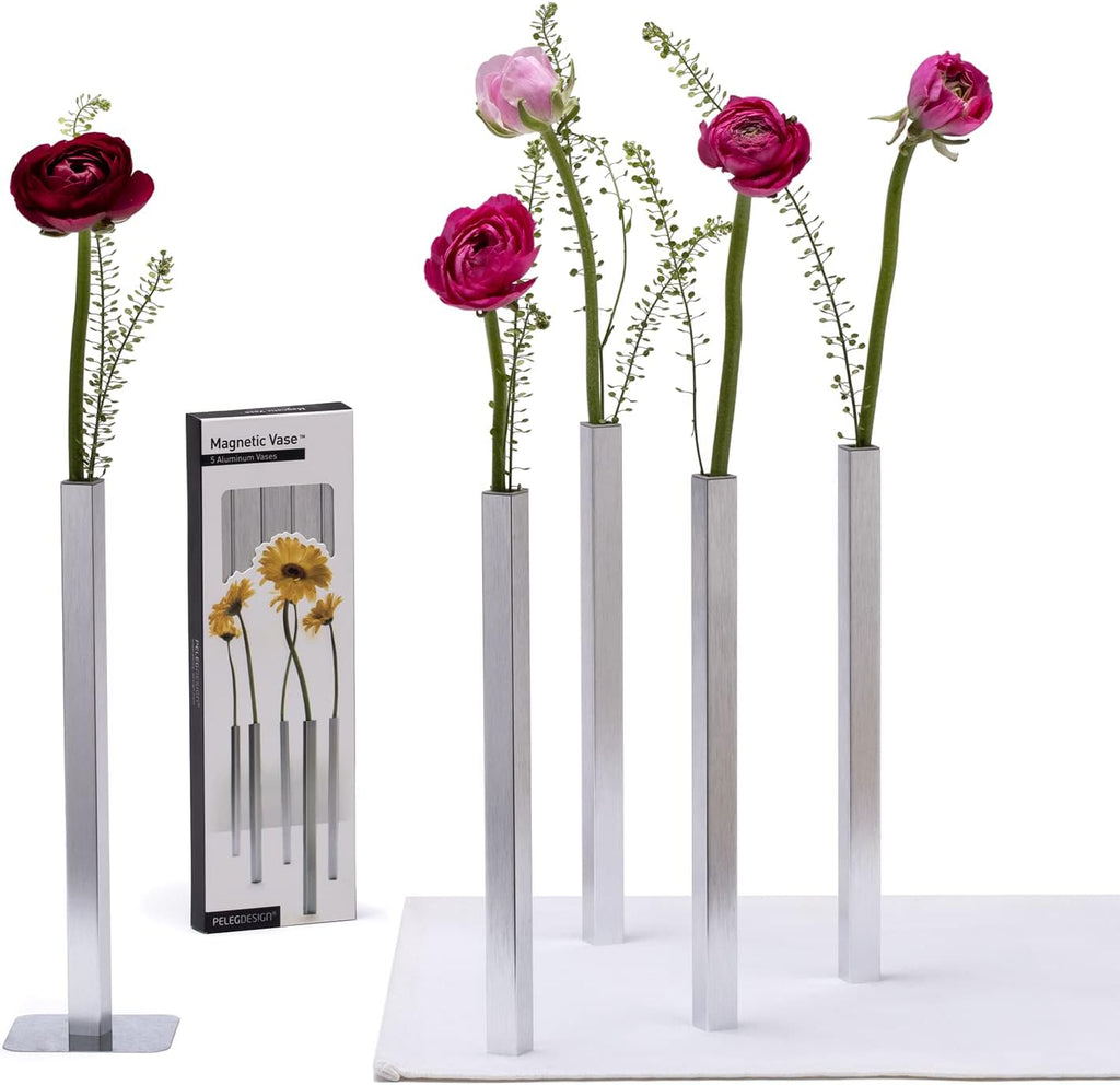 PELEG DESIGN Magnetic Bud Vase Set (Silver) - Unique Home Decor Gift & Modern Table Centerpiece - 5 Aluminum Single Stem Vases - 9.4" Tall Gravity Defying Decor