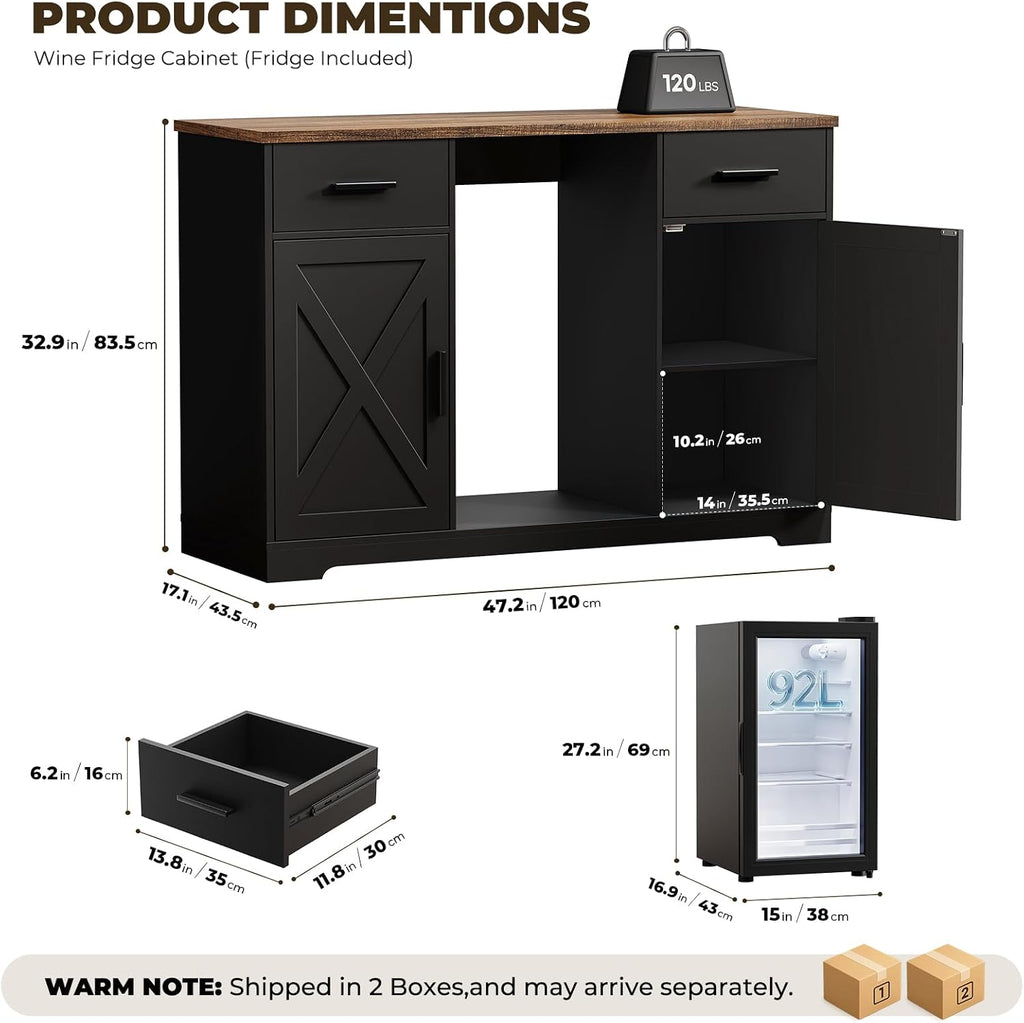 Large Coffee Bar Cabinet with Fridge (Fridge Included), 47'' Farmhouse Bar Cabinet with Wine Storage, Buffet Sideboard Table Station with 2 Drawers & Large Countertop for Home, Black