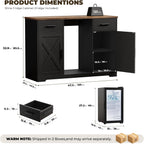Large Coffee Bar Cabinet with Fridge (Fridge Included), 47'' Farmhouse Bar Cabinet with Wine Storage, Buffet Sideboard Table Station with 2 Drawers & Large Countertop for Home, Black