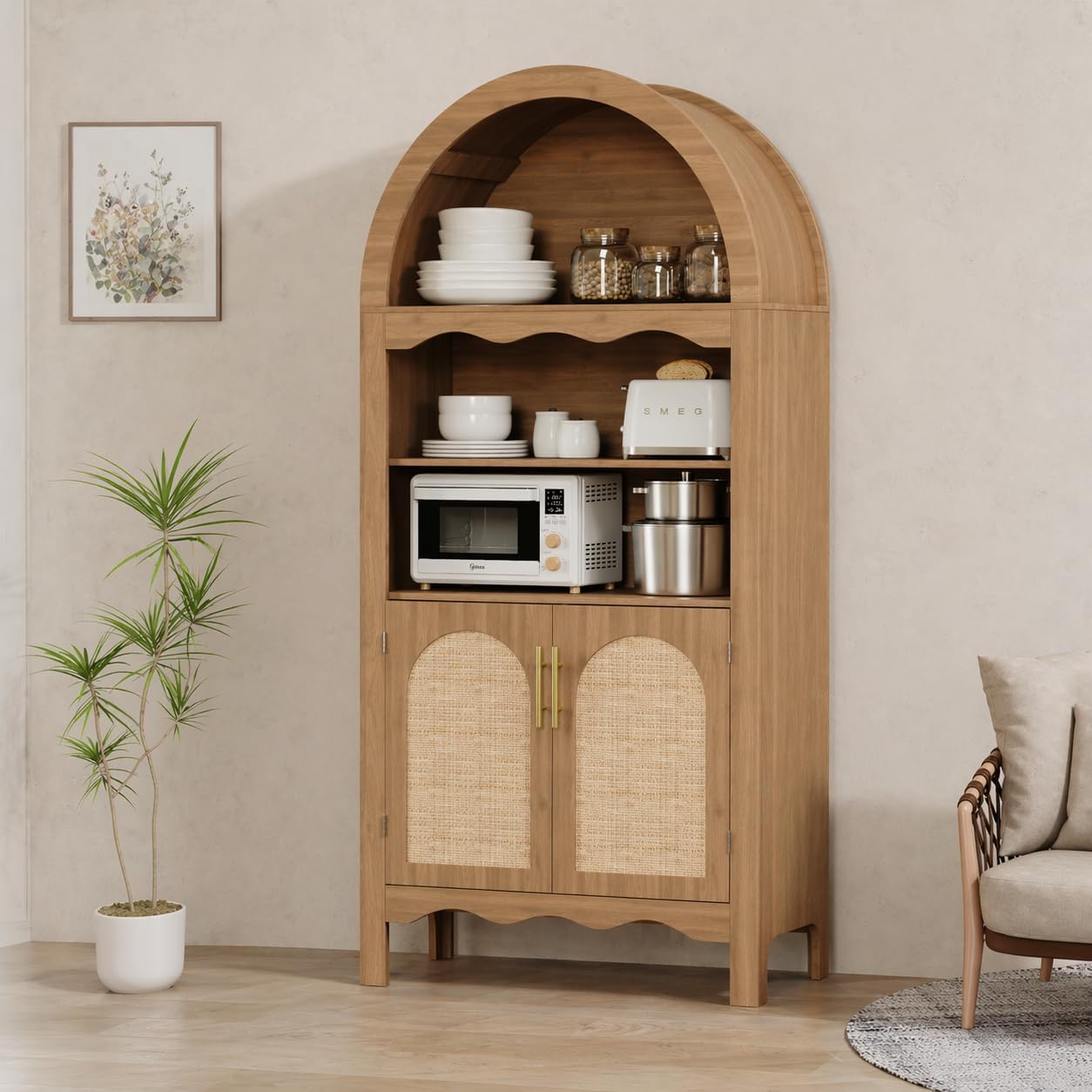 LINLUX 63" Arched Kitchen Pantry Cabinet, Arched Cabinet with Rattan Doors & Adjustable Shelves, Versatile Cupboard Arch Cabinets for Kitchen Storage, Dinning Room, Living Room, Entryway, Natural