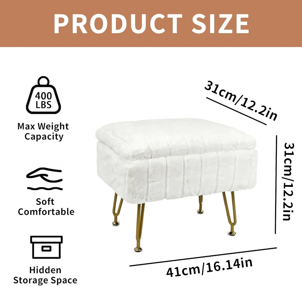 Small Foot Stool with Storage & Gold Metal Legs, Small Ottoman Foot Rest Under Desk for Couch, Chair, White Furry with High-Density Resilient Sponge