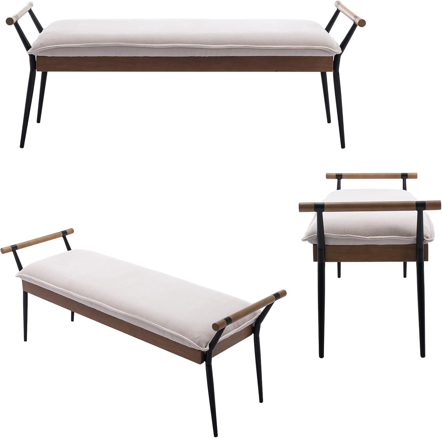 DUOMAY Modern Rectangle Ottoman Bench with Arms and Metal Legs, Mid Century Chenille Fabric Dining Table Bench Footstool Entryway Shoe Bench for Dining Room Bedroom Living Room, White