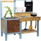 Kids Potting Bench for Outdoor, Fir Wood Gardening Station with Transparent Planter Box, Outside Activity Wooden Table with Sink,Faucet, Garden Accessories, Mud Kitchen for Kids 3+
