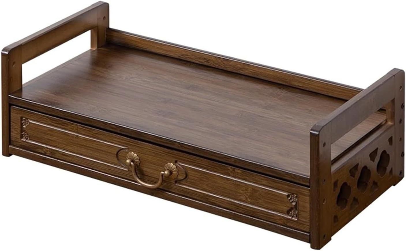 Bamboo Altar Meditation Table - Spiritual Worship Table with Drawer & 2-Tier Storage, Hand-Carved Buddhist Tea Table for Prayer/Divination(Walnut,20.5in(52cm))
