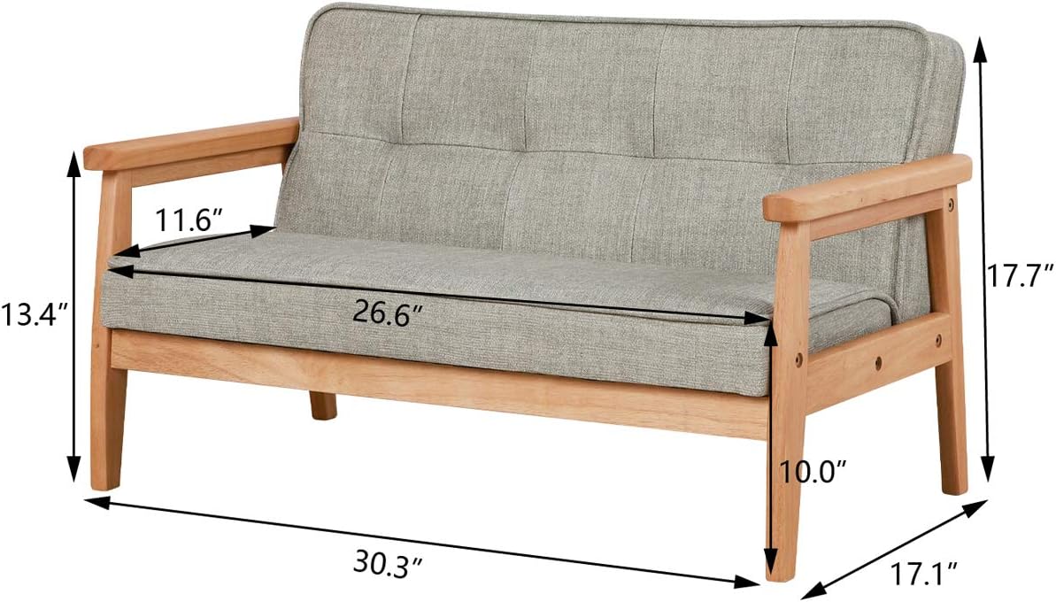Double Seater Kid Sofa Chair, Kid Couch with Solid Wood Arm and Linen Pattern PVC for Kids Rest (Light Grey)