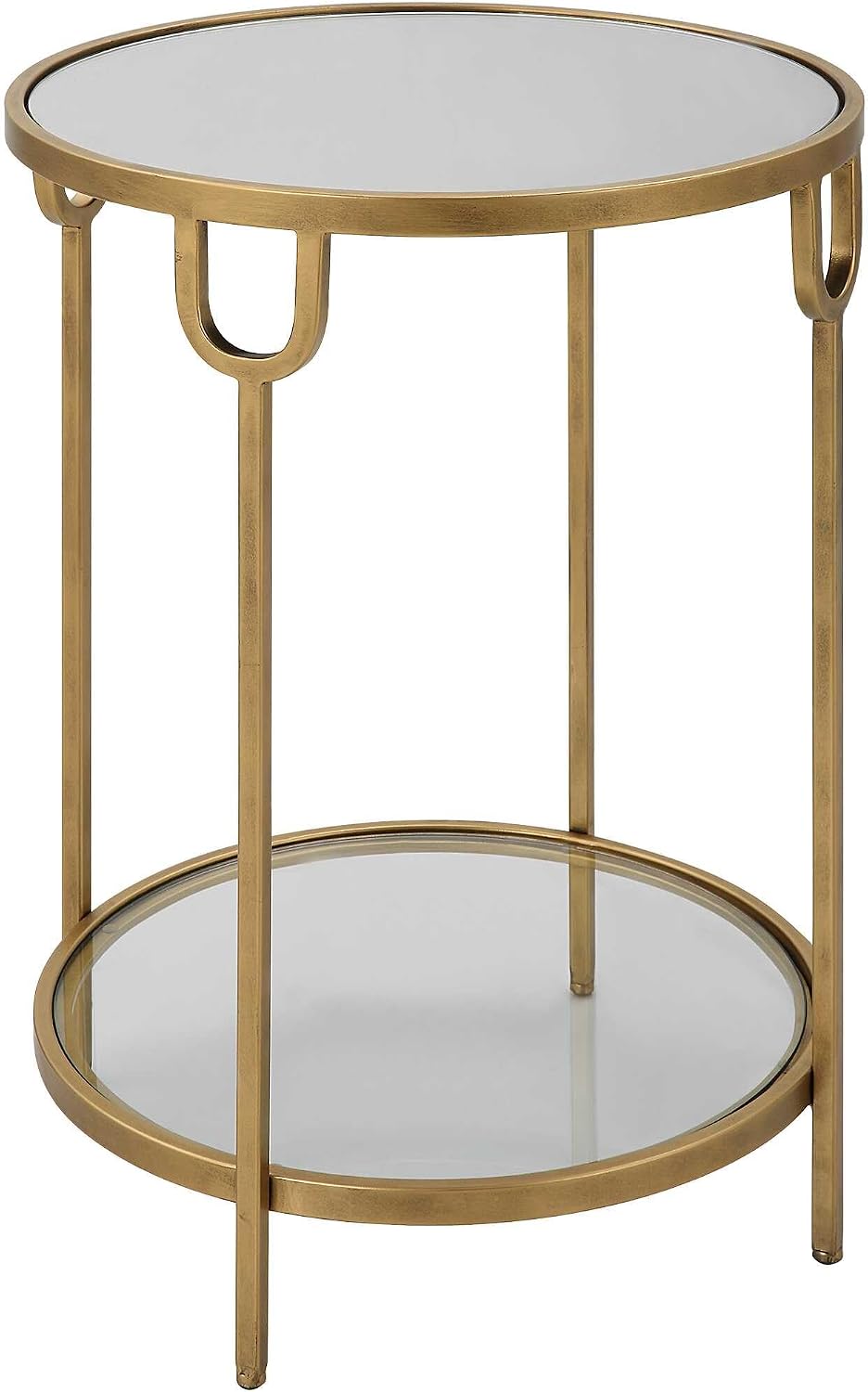 Two Tier Round Accent Table Antique Gold Iron Frame Mirrored Top Tempered Glass Shelf Modern Side Table Living Room Bedroom End Table Decorative Furniture