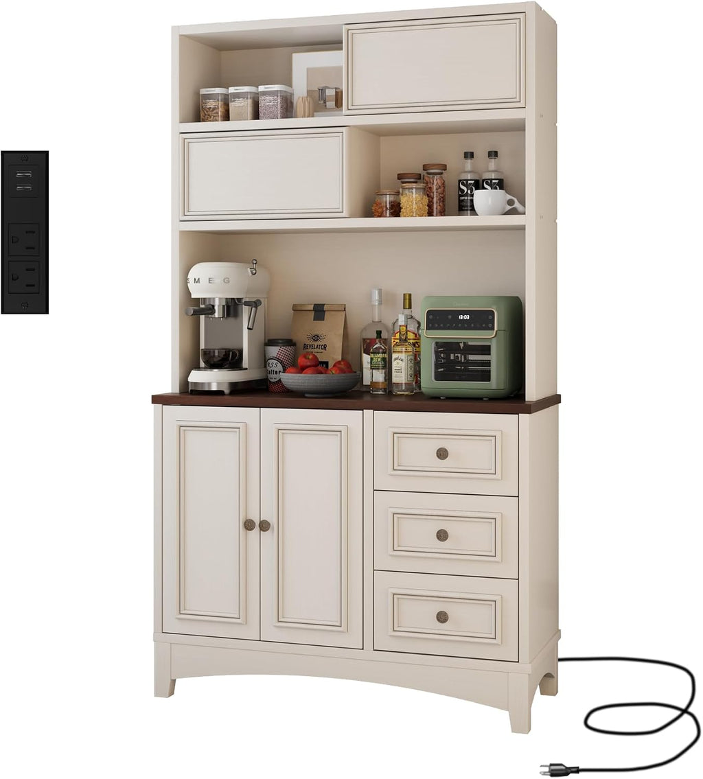 BOSHIRO 71" Antique White Pantry Cabinet with Charging Station, 4-Type Storage & Anti-Tip Design, Farmhouse Kitchen Cabinet with Adjustable Shelves