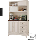 BOSHIRO 71" Antique White Pantry Cabinet with Charging Station, 4-Type Storage & Anti-Tip Design, Farmhouse Kitchen Cabinet with Adjustable Shelves