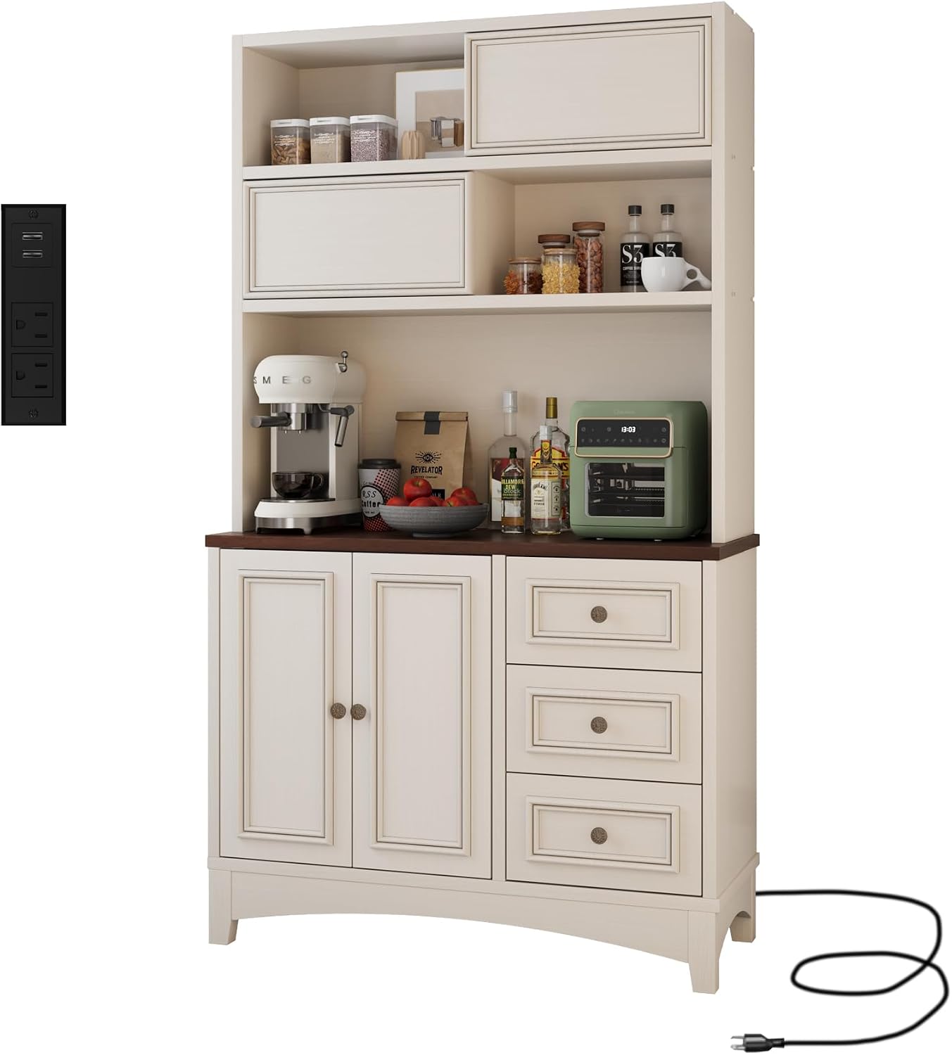 BOSHIRO 71" Antique White Pantry Cabinet with Charging Station, 4-Type Storage & Anti-Tip Design, Farmhouse Kitchen Cabinet with Adjustable Shelves
