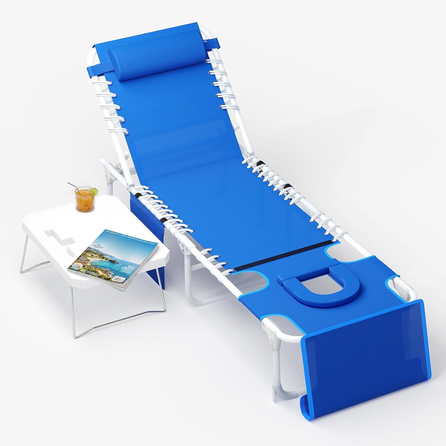 Garvee Tanning Chair with Face Hole, 3-in-1 Outside Beach Lounge Chair with Folding Table, 5 Reclining Positions and Removable Pillow, for Beach, Pool, Patio, Garden -Max 330lbs (Blue)