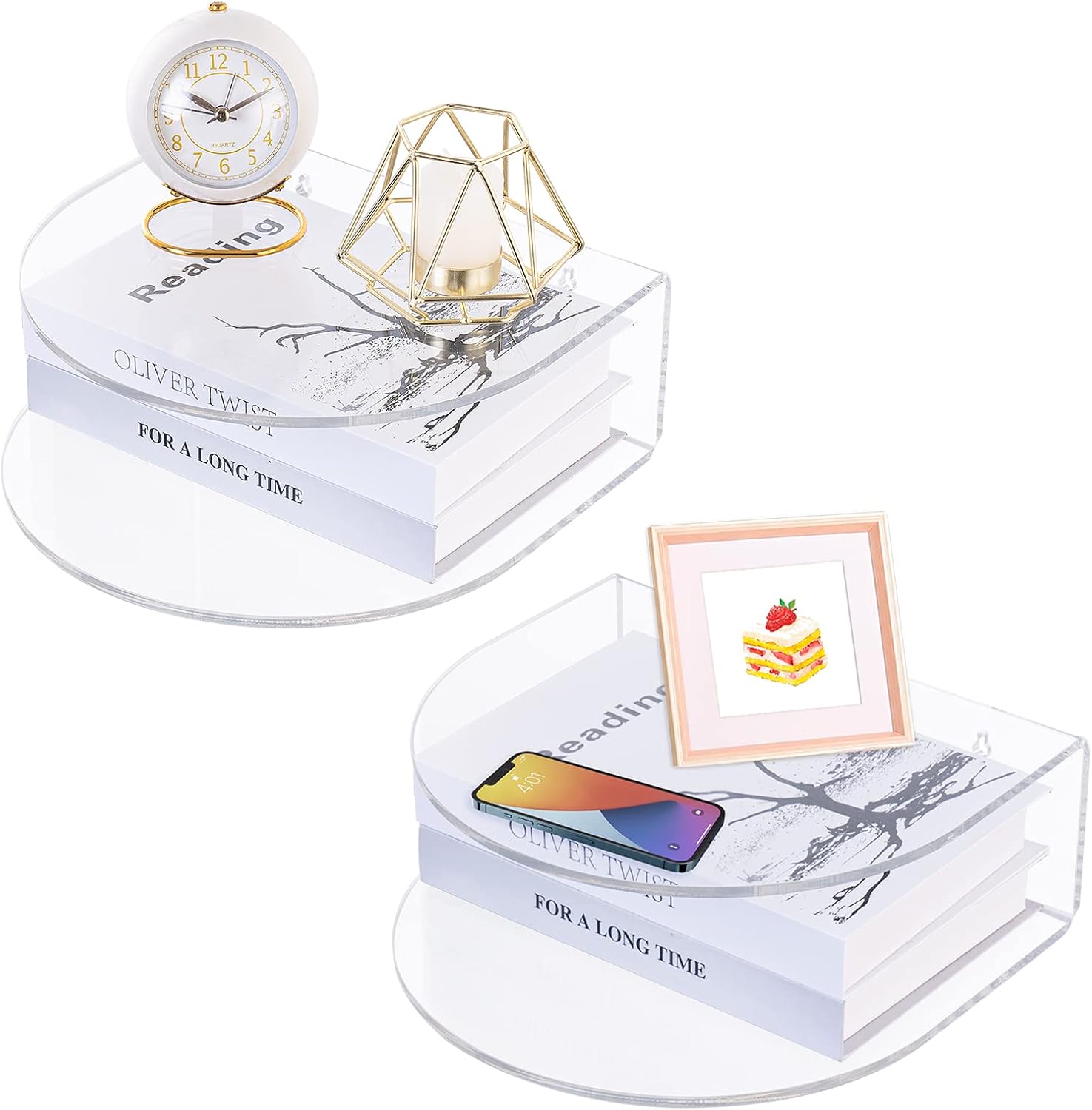 HMYHUM Acrylic Floating Nightstand Set of 2, Wall Mounted Bedside Table for Bedroom, Hanging, 8 lbs Load, 10.5" L x 10 "W x 4" H, Clear