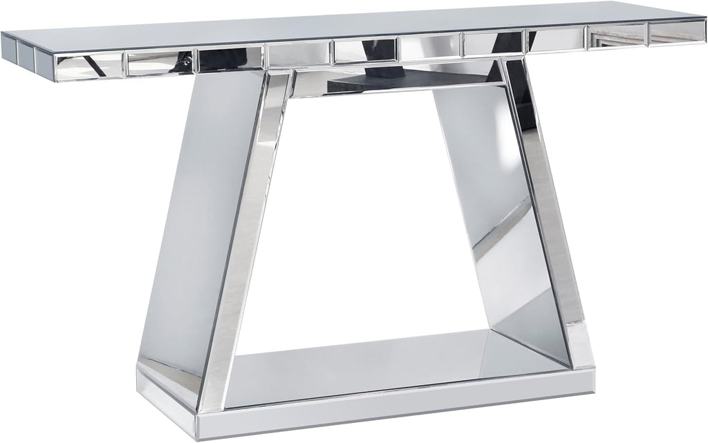 55.9" Full Body Mirror Entryway Table with Trapezoid Base 360° Reflective Console Table, Sturdy Wooden Frame, Scratch Resistant Open Storage for Hallway, Living Room, Staircase