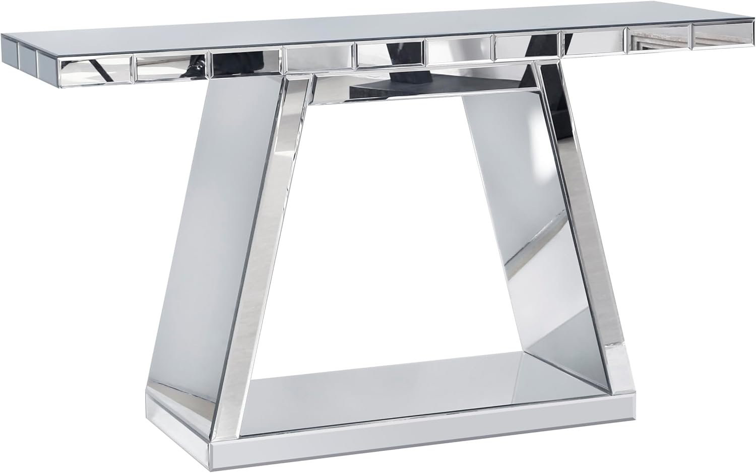 55.9" Full Body Mirror Entryway Table with Trapezoid Base 360° Reflective Console Table, Sturdy Wooden Frame, Scratch Resistant Open Storage for Hallway, Living Room, Staircase
