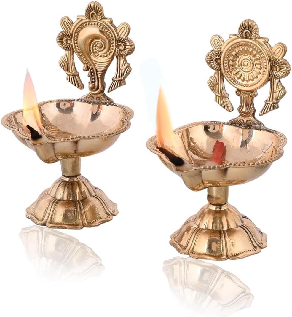 DSS-Pure Brass Shanku Chakra kuber Diya Diwali Decoration Item for Home Decor - Brass shanku Chakra kuber Diya for puja Room & Office Decor, Living Room, Diwali Festival Gift Item