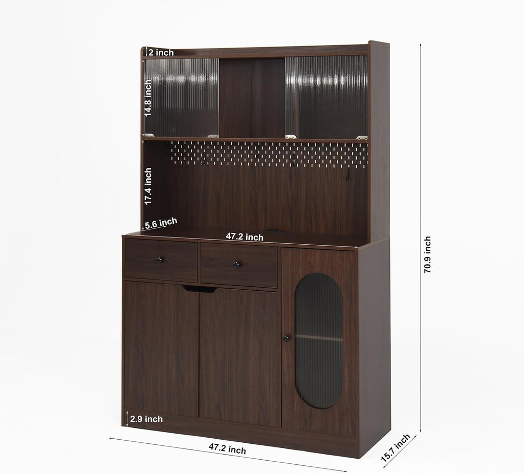 71" Freestanding Kitchen Pantry, Large Dish Storage Cabinet with Fluted Glass Doors and Microwave Stand for Kitchen, Dining and Living Room Walnut