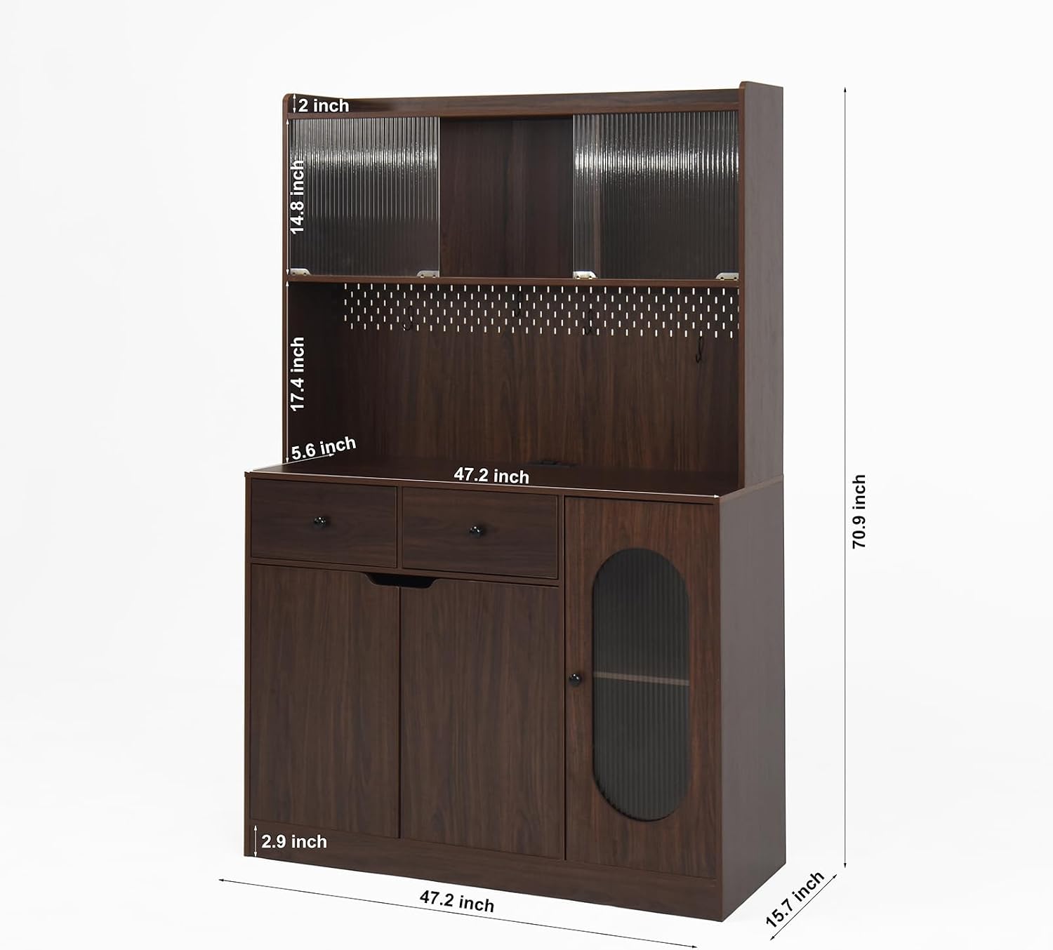 71" Freestanding Kitchen Pantry, Large Dish Storage Cabinet with Fluted Glass Doors and Microwave Stand for Kitchen, Dining and Living Room Walnut