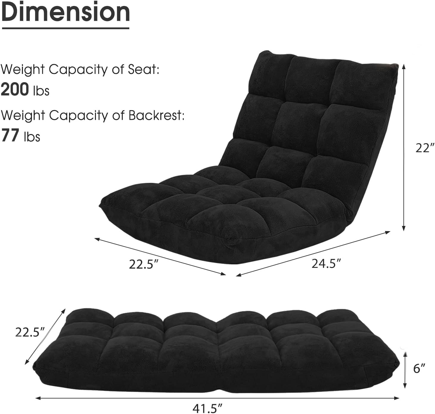 BANGTANE 14-Position Floor Chair, Adjustable Folding Gaming Chair Lazy Sofa w/Cushion, Meditation Chair with Back Support, Folding Floor Couch for Reading Bedroom, Living Room for Adults Kids (Black)